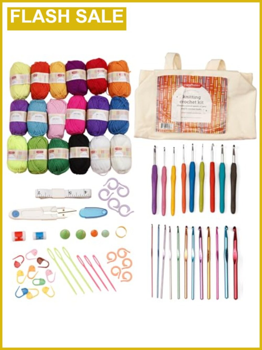 80 Piece Beginner Crochet Kit with Yarn, Hooks, Accessories & Bonus Tote Bag